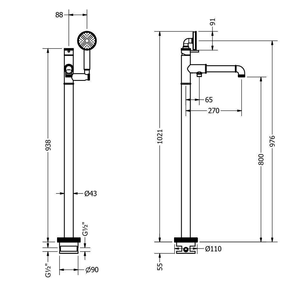 Crosswater MPRO Industrial Floorstanding Bath & Shower Mixer Tap - Unlacquered Brushed Brass 6 Crosswater MPRO Industrial Floorstanding Bath & Shower Mixer Tap - Unlacquered Brushed Brass - Image 4