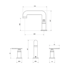 Crosswater Union 3 Hole Basin Mixer Tap With Levers - Brushed Brass -Vado Sale Store crosswater union 3 hole basin tap levers technical drawing 2