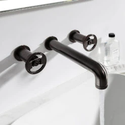Crosswater Union 3 Hole Wall Mounted Basin Mixer Tap With Wheels - Brushed Black Chrome