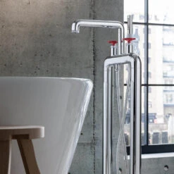 Crosswater Union Floorstanding Bath Shower Mixer Tap With Red Wheels - Chrome
