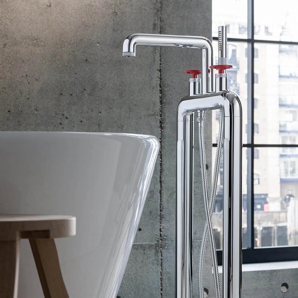 Crosswater Union Floorstanding Bath Shower Mixer Tap With Red Wheels - Chrome 3 Crosswater Union Floorstanding Bath Shower Mixer Tap With Red Wheels - Chrome
