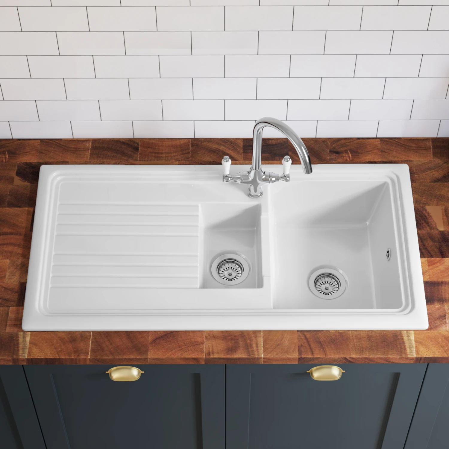 Butler & Rose 1.5 Bowl Ceramic Kitchen Sink And Butler & Rose Victoria Traditional Kitchen Mixer Tap 3 Butler & Rose 1.5 Bowl Ceramic Kitchen Sink And Butler & Rose Victoria Traditional Kitchen Mixer Tap