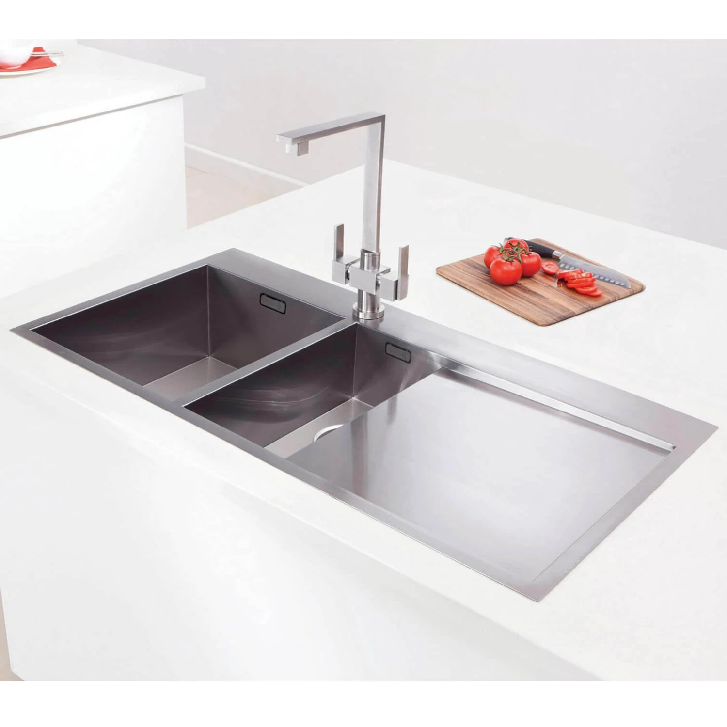 Caple Cubit 1.5 Bowl Satin Stainless Steel Sink & Waste Kit With Right Hand Drainer - 1000 X 520mm 4 Caple Cubit 1.5 Bowl Satin Stainless Steel Sink & Waste Kit With Right Hand Drainer - 1000 X 520mm - Image 2