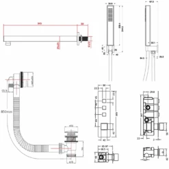 Mason Concealed Thermostatic Push Button Shower Valve, 300mm Fixed Shower Head, Handset & Overflow Bath Filler - 380mm Wall Arm -Vado Sale Store dr mason concealed shower kit technical drawing 1