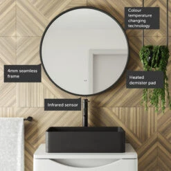 Core LED Illuminated Round Brushed Brass Framed Mirror With Demister Pad & Colour Change Lights - 600mm -Vado Sale Store drench core round black mirror callout