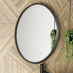 Core LED Illuminated Round Brushed Brass Framed Mirror With Demister Pad & Colour Change Lights - 600mm -Vado Sale Store drench core round black mirror lifestyle
