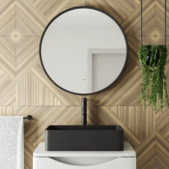 Core LED Illuminated Round Brushed Brass Framed Mirror With Demister Pad & Colour Change Lights - 600mm -Vado Sale Store drench core round black mirror lifestyle1