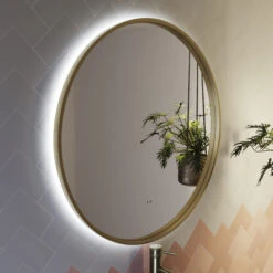 Core LED Illuminated Round Brushed Brass Framed Mirror With Demister Pad & Colour Change Lights - 600mm -Vado Sale Store drench core round brushed brass mirror backlit 1