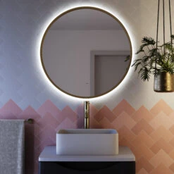 Core LED Illuminated Round Brushed Brass Framed Mirror With Demister Pad & Colour Change Lights - 600mm -Vado Sale Store drench core round brushed brass mirror backlit