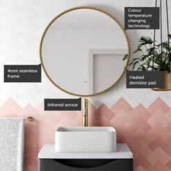 Core LED Illuminated Round Brushed Brass Framed Mirror With Demister Pad & Colour Change Lights - 600mm -Vado Sale Store drench core round brushed brass mirror callout