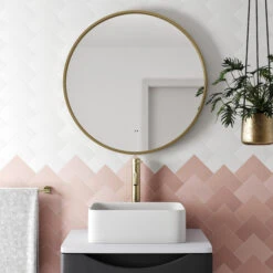 Core LED Illuminated Round Brushed Brass Framed Mirror With Demister Pad & Colour Change Lights - 600mm -Vado Sale Store drench core round brushed brass mirror lifestyle1