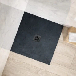 Drench Naturals Graphite Thin Slate-Effect Square Shower Tray With Chrome Waste - 900 X 900mm