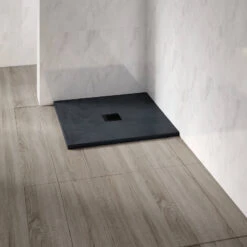 Drench Naturals Graphite Thin Slate-Effect Square Shower Tray With Chrome Waste - 900 X 900mm -Vado Sale Store drench graphite ultra thin square shower tray lifestyle 3