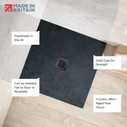 Drench Naturals Graphite Thin Slate-Effect Square Shower Tray With Chrome Waste - 900 X 900mm -Vado Sale Store drench graphite ultra thin square shower tray lifestyle callouts 3