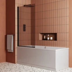 Vellamo Matt Black 6mm Smoked Black Hinged Bath Screen - 1400 X 800mm -Vado Sale Store drench keyhole shower bath 1700 smoked glass screen lifestyle 2