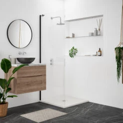 Drench Naturals Light Grey Thin Slate-Effect Square Shower Tray With Chrome Waste - 900 X 900mm -Vado Sale Store drench light grey ultra thin square shower tray lifestyle 2