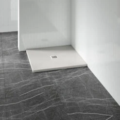 Drench Naturals Light Grey Thin Slate-Effect Square Shower Tray With Chrome Waste - 900 X 900mm -Vado Sale Store drench light grey ultra thin square shower tray lifestyle 3