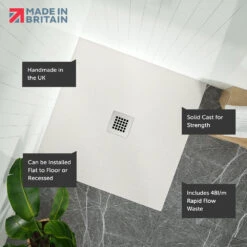 Drench Naturals Light Grey Thin Slate-Effect Square Shower Tray With Chrome Waste - 900 X 900mm -Vado Sale Store drench light grey ultra thin square shower tray lifestyle callouts 3