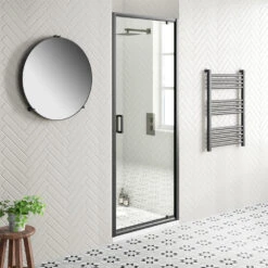 Harbour Primrose 6mm Matt Black Pivot Shower Door - 760mm -Vado Sale Store drench noir hinged door black square tray lifestyle1