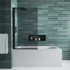 Vellamo Matt Black 6mm Smoked Black Hinged Bath Screen - 1400 X 800mm -Vado Sale Store drench straight se curved bath 1700x700 smoked glass screen lifestyle