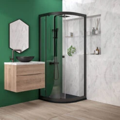 Drench Naturals Graphite Thin Slate-Effect Quadrant Shower Tray With Chrome Waste - 900 X 900mm -Vado Sale Store drench ultra thin quadrant 800x800mm shower tray graphite lifestyle 3