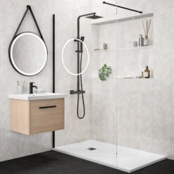 Drench Naturals White Thin Slate-Effect Rectangular Shower Tray With Chrome Waste - 1400 X 800mm -Vado Sale Store drench white ultra thin rectangular shower tray lifestyle 2