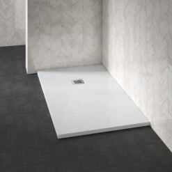Drench Naturals White Thin Slate-Effect Rectangular Shower Tray With Chrome Waste - 1400 X 800mm -Vado Sale Store drench white ultra thin rectangular shower tray lifestyle 3