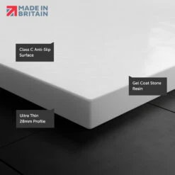 Drench Naturals White Thin Slate-Effect Rectangular Shower Tray With Chrome Waste - 1400 X 800mm -Vado Sale Store drench white ultra thin rectangular shower tray lifestyle callouts