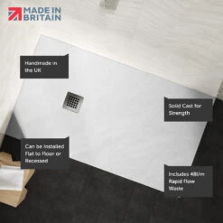 Drench Naturals White Thin Slate-Effect Rectangular Shower Tray With Chrome Waste - 1400 X 800mm -Vado Sale Store drench white ultra thin rectangular shower tray lifestyle callouts 3