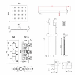 Drew Square Concealed Shower Valve With Fixed Head & Slide Rail Kit - 180mm Square Fixed Ceiling Arm - 400mm Head -Vado Sale Store drew square shower valve 200 head slide kit tech 1