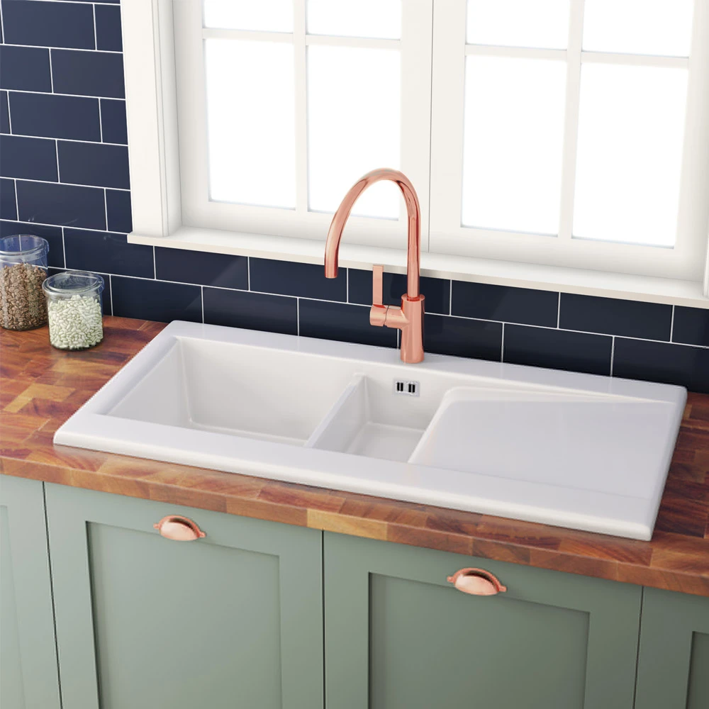 Butler & Rose Dream 1.5 Bowl White Ceramic Fireclay Kitchen Sink With Reversible Drainer & Waste Kit - 1010mm X 510mm 3 Butler & Rose Dream 1.5 Bowl White Ceramic Fireclay Kitchen Sink With Reversible Drainer & Waste Kit - 1010mm X 510mm