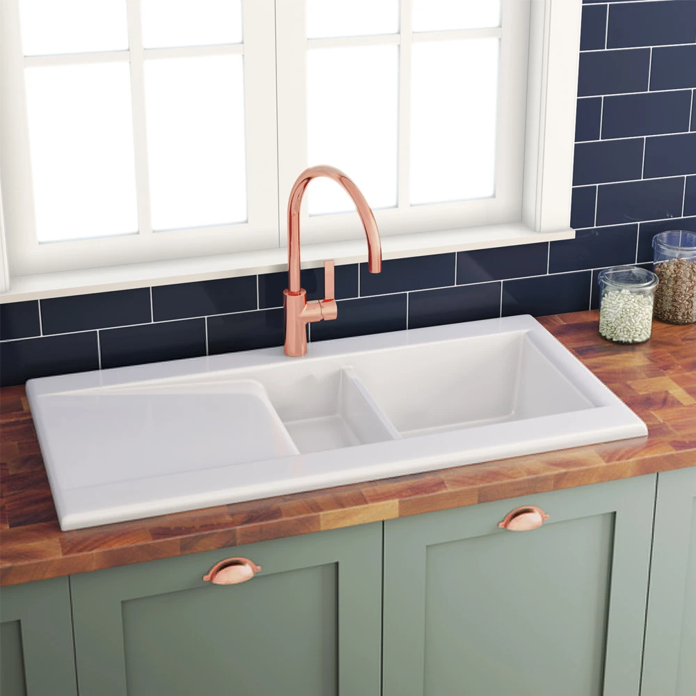 Butler & Rose Dream 1.5 Bowl White Ceramic Fireclay Kitchen Sink With Reversible Drainer & Waste Kit - 1010mm X 510mm 4 Butler & Rose Dream 1.5 Bowl White Ceramic Fireclay Kitchen Sink With Reversible Drainer & Waste Kit - 1010mm X 510mm - Image 2