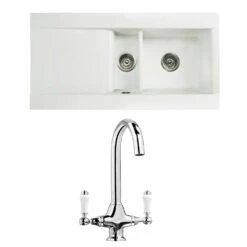 Butler & Rose Dream 1.5 Bowl White Ceramic Fireclay Kitchen Sink & Victoria Traditional Kitchen Mixer Tap