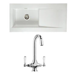 Butler & Rose Dream 1 Bowl White Ceramic Fireclay Kitchen Sink & Victoria Traditional Kitchen Mixer Tap