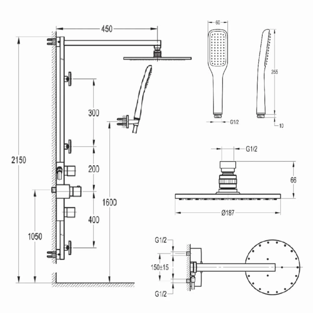 Flova Allore Thermostatic Shower Column With Handset, Body Jets & Overhead Shower 9 Flova Allore Thermostatic Shower Column With Handset, Body Jets & Overhead Shower - Image 7