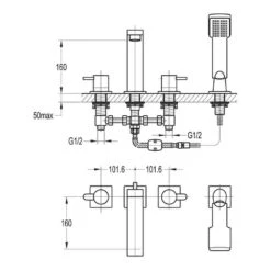 Flova Essence 4 Hole Deck Mounted Bath Shower Mixer With Pull Out Handset -Vado Sale Store flova size drawing es4hbsm