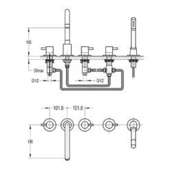 Flova Levo 5 Hole Deck Mounted Bath Shower Mixer With Pull Out Handset -Vado Sale Store flova size drawing lv5hbsm