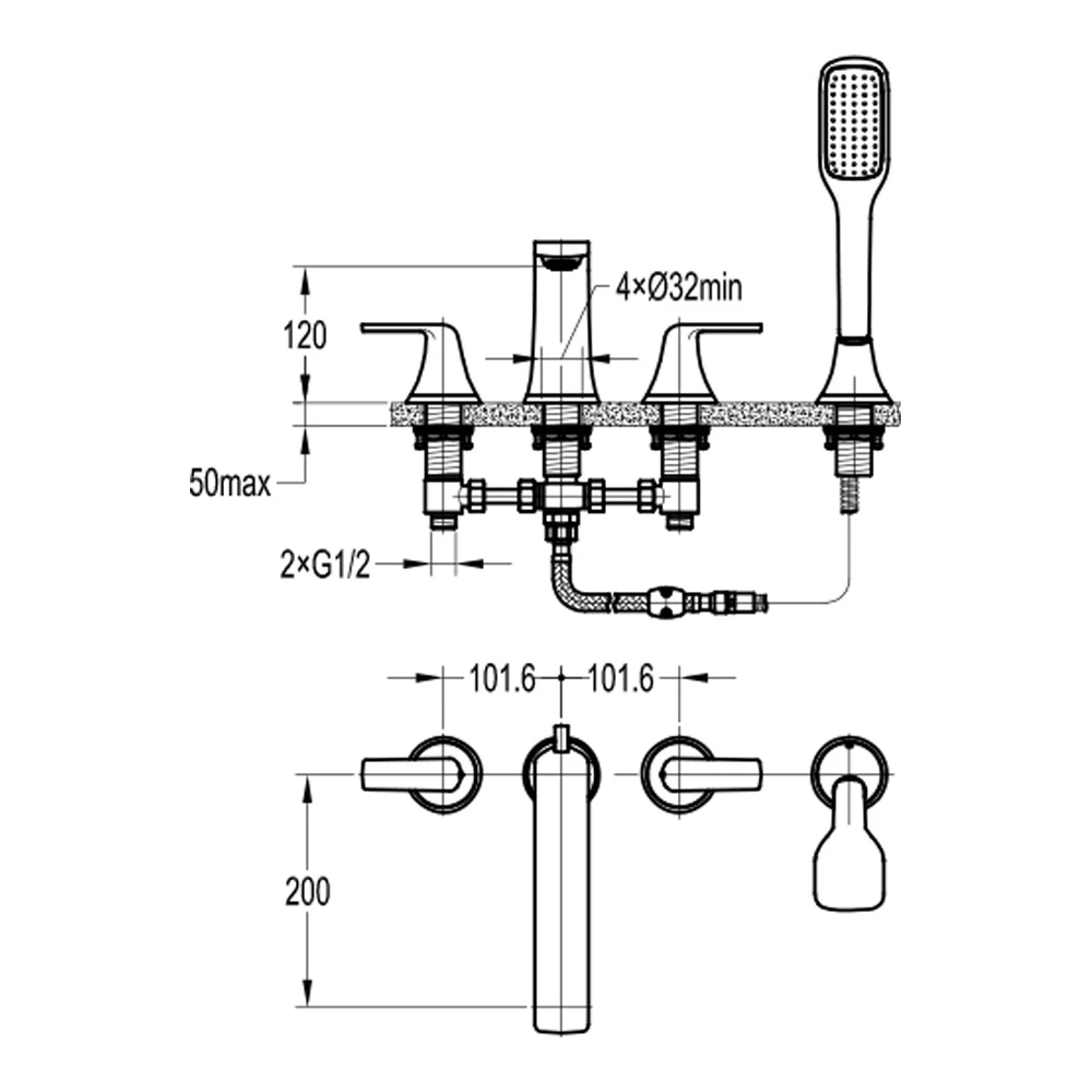 Flova Fusion 4 Hole Deck Mounted Bath Shower Mixer With Pull Out Handset 6 Flova Fusion 4 Hole Deck Mounted Bath Shower Mixer With Pull Out Handset - Image 4