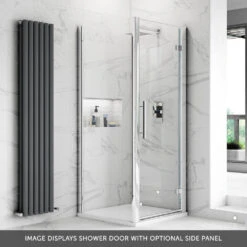 Harbour Alchemy 8mm Easy Clean Hinged Shower Door 700mm & Side Panel 900mm -Vado Sale Store harbour alchemy 8mm hinged shower door with side panel lifestyle overlay