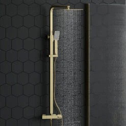 Drench Brushed Brass Square Thermostatic Rigid Riser Shower Kit -Vado Sale Store harbour brushed brass rigid riser shower kit lifestyle2
