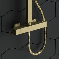 Drench Brushed Brass Square Thermostatic Rigid Riser Shower Kit -Vado Sale Store harbour brushed brass rigid riser shower kit lifestyle6