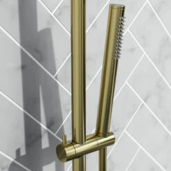 Harbour Clarity Brushed Brass Round Thermostatic Rigid Riser Shower Kit -Vado Sale Store harbour clarity rigid riser thermostatic shower kit brass handset detail