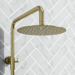 Harbour Clarity Brushed Brass Round Thermostatic Rigid Riser Shower Kit -Vado Sale Store harbour clarity rigid riser thermostatic shower kit brass head detail