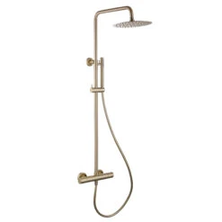 Harbour Clarity Brushed Brass Round Thermostatic Rigid Riser Shower Kit -Vado Sale Store harbour clarity rigid riser thermostatic shower kit brushed brass cutout