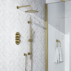 Harbour Clarity Brushed Brass Shower Package With 2 Outlet Valve, Fixed Head & Arm And Slide Rail Shower Kit