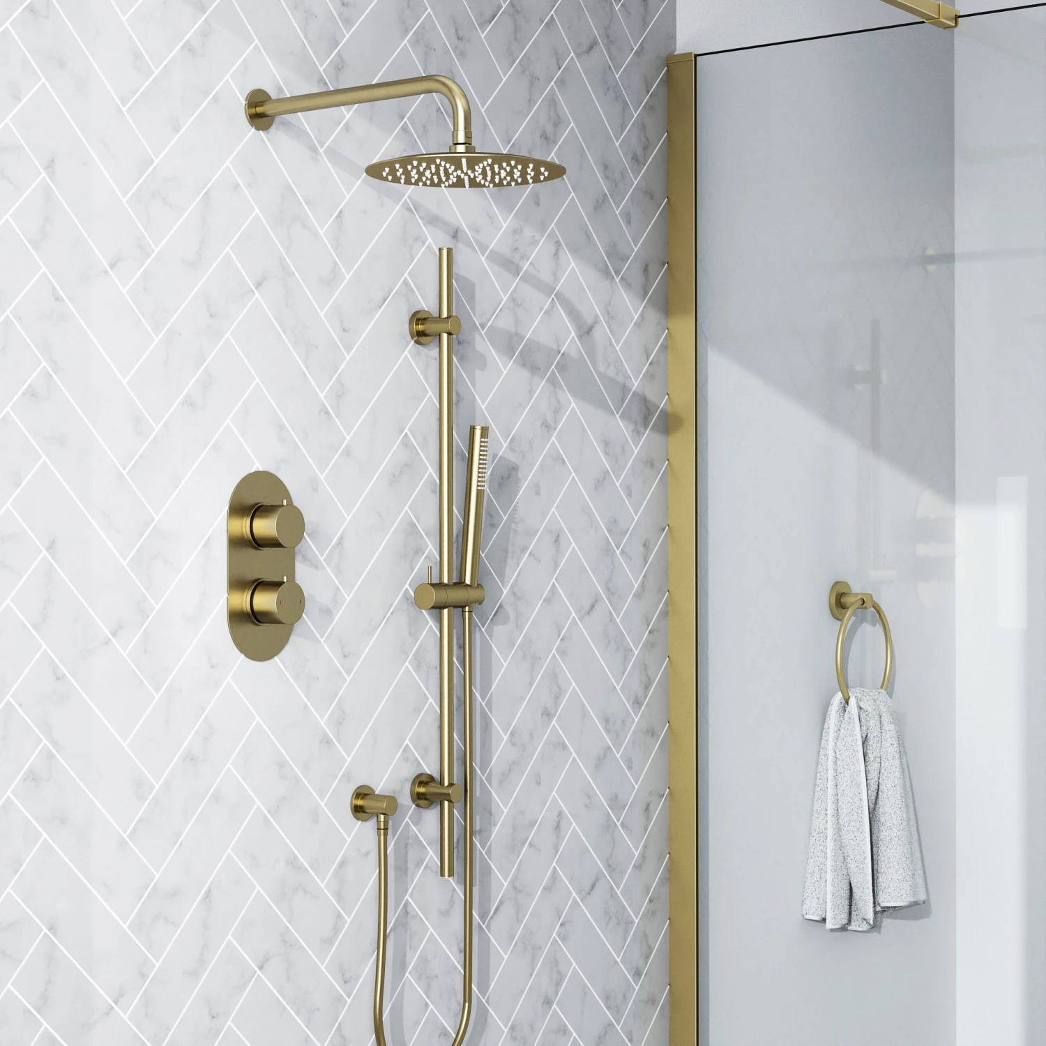 Harbour Clarity Brushed Brass Shower Package With 2 Outlet Valve, Fixed Head & Arm And Slide Rail Shower Kit 3 Harbour Clarity Brushed Brass Shower Package With 2 Outlet Valve, Fixed Head & Arm And Slide Rail Shower Kit