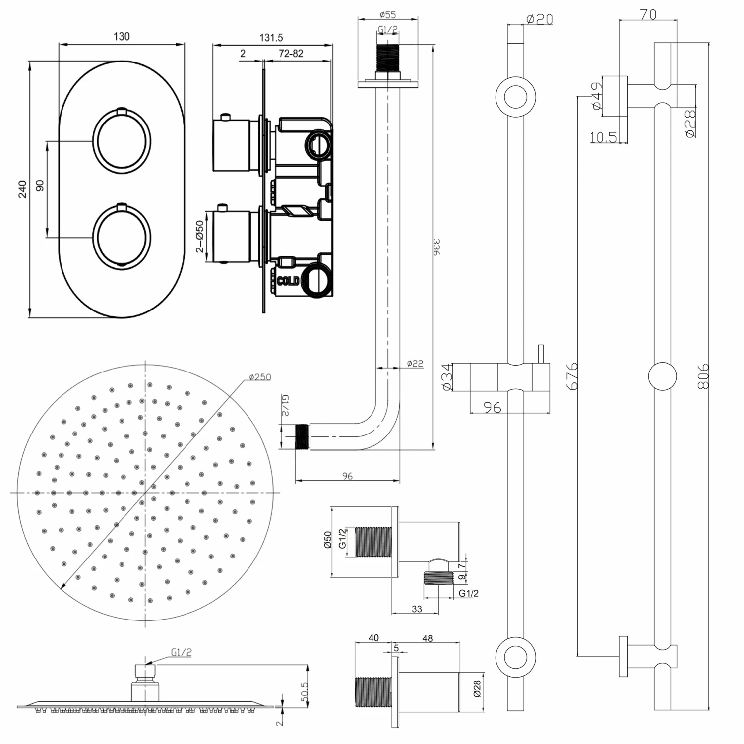 Harbour Clarity Brushed Brass Shower Package With 2 Outlet Valve, Fixed Head & Arm And Slide Rail Shower Kit 5 Harbour Clarity Brushed Brass Shower Package With 2 Outlet Valve, Fixed Head & Arm And Slide Rail Shower Kit - Image 3