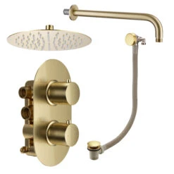 Harbour Clarity Brushed Brass Shower Package With 2 Outlet Valve, Fixed Head & Arm And Overflow Bath Filler -Vado Sale Store harbour clarity shower valve head arm filler pack brushed brass pack cutout