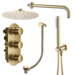 Harbour Clarity Brushed Brass Shower Package With 3 Outlet Valve, Fixed Head & Arm, Wall Shower Kit And Overflow Bath Filler -Vado Sale Store harbour clarity shower valve head arm handset filler pack brushed brass cutout