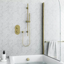 Harbour Clarity Brushed Brass Shower Package With 2 Outlet Valve, Slide Rail Kit And Overflow Bath Filler